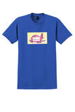 JAL Japan Air Lines T-Shirt - Vintage Pink Jumbo Seat Sticker - Royal Blue