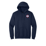 American Airlines 1962 AA logo embroidered hooded sweatshirt in navy, front view with left chest patch