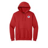 American Airlines 1962 AA logo embroidered hooded sweatshirt in red, front view with left chest patch