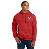 Man wearing red American Airlines 1962 AA logo embroidered hoodie, front view