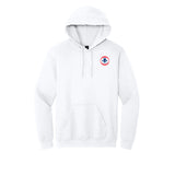 American Airlines 1962 AA logo embroidered hooded sweatshirt in white, front view with left chest patch