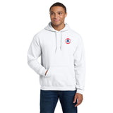 Man wearing white American Airlines 1962 AA logo embroidered hoodie, front view