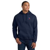 Man wearing navy American Airlines 2013 logo embroidered pullover hoodie, front view