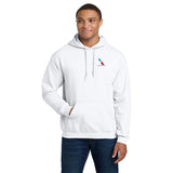 Man wearing white American Airlines 2013 logo embroidered pullover hoodie, front view