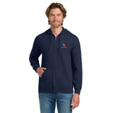 Man wearing navy American Airlines 2013 logo embroidered full-zip hoodie, front view