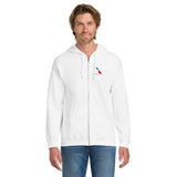 Man wearing white American Airlines 2013 logo embroidered full-zip hoodie, front view