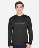 Model wearing black American Airlines full chest long sleeve wicking tee