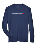 Navy long sleeve wicking tee with American Airlines full chest logo - flat lay