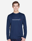 Model wearing navy American Airlines full chest long sleeve wicking tee