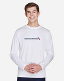 Model wearing white American Airlines full chest long sleeve wicking tee