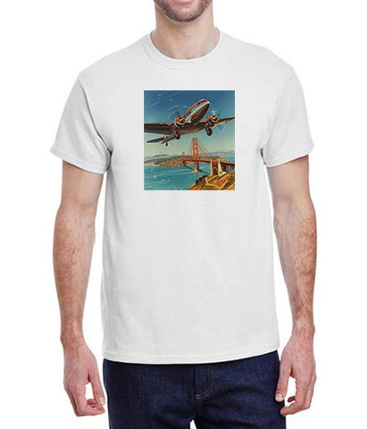 DC-3 Flying Over SFO - Unisex Softstyle White T-Shirt