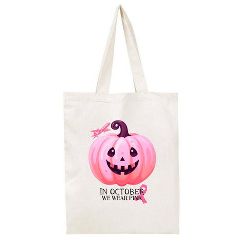 In October We Wear Pink w/ Pumpkin Breast Cancer Awareness Tote Bag