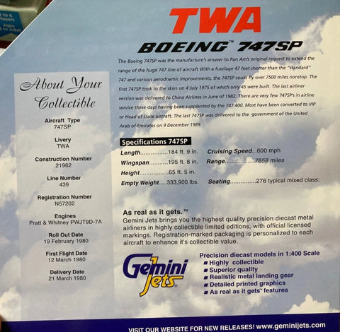 TWS Trans World Boeing 747SP Limited Edition