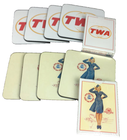 TWA 8 Square Coasters and 2 Decks of Playing Cards Set