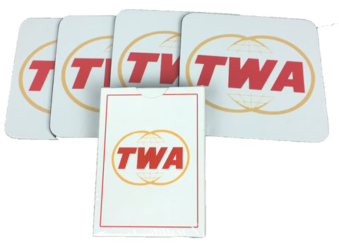 TWA Globe 4 Square Coasters and 1 Deck of Playing Cards Set