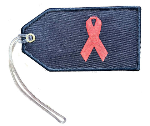 Embroidered Pink Ribbon on Navy Bag Tag
