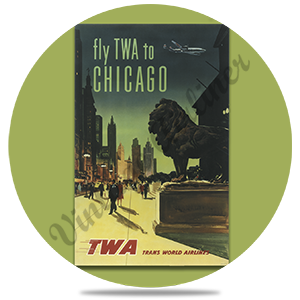 Fly TWA To Chicago Art Institute Lion Original Travel Poster Round Coaster