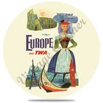 TWA Europe Travel Poster Bag Sticker Round Coaster