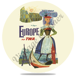 TWA Europe Travel Poster Bag Sticker Round Coaster