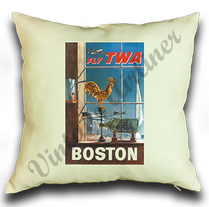 Fly TWA Boston Weathervane Original Travel Poster Linen Pillow Case Cover