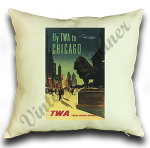 Fly TWA To Chicago Art Institute Lion Original Travel Poster Linen Pillow Case Cover