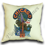 TWA Chicago Travel Poster Linen Pillow Case Cover