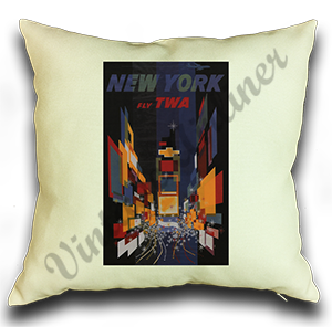 New York Fly TWA Broadway At Night Travel Poster Linen Pillow Case Cover