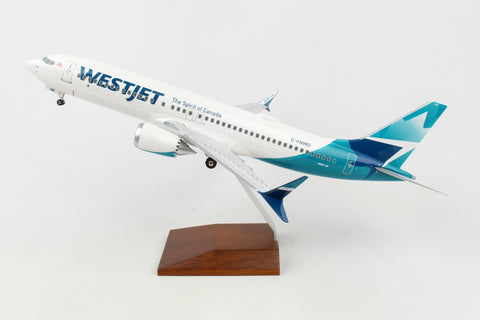 SKYMARKS WESTJET 737-MAX8 1/100 W/WOOD STAND & GEAR NEW LIVE