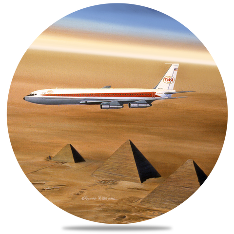 TWA 707 over the Pyramids Round Coaster by Rick Broome
