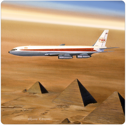 TWA 707 over the Pyramids Square Coaster by Rick Broome