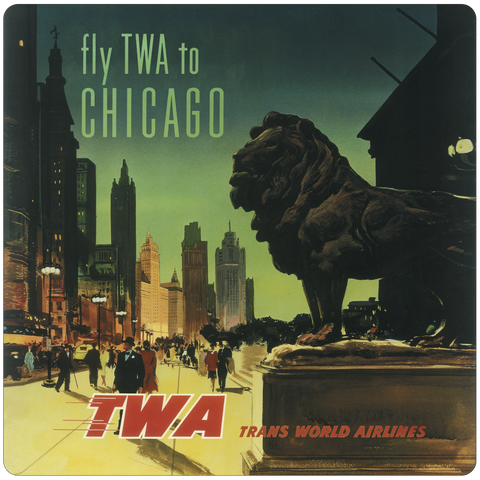 Fly TWA To Chicago Art Institute Lion Original Travel Poster Square Coaster