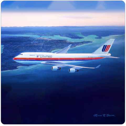 United Airlines 747 Over Sydney Square Coaster by Rick Broome